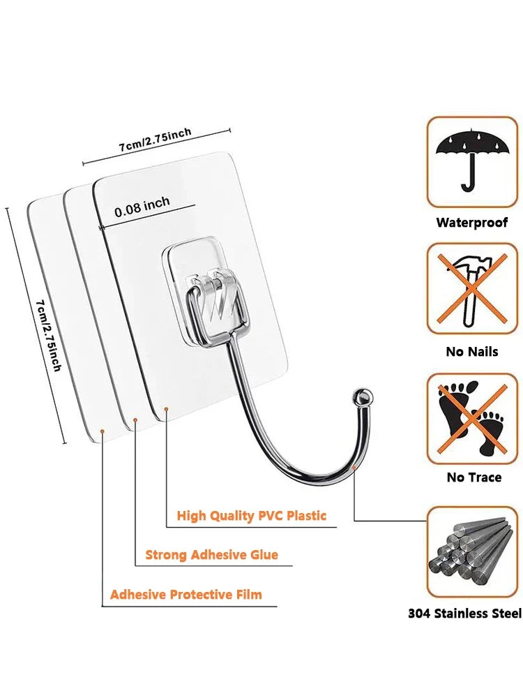 5/20 Pcs Heavy Hooks Duty  Waterproof Adhesive Wall Hooks Nail-Free Transparent  Autohesion Waterproof HooksFor Kitchen Bathroom