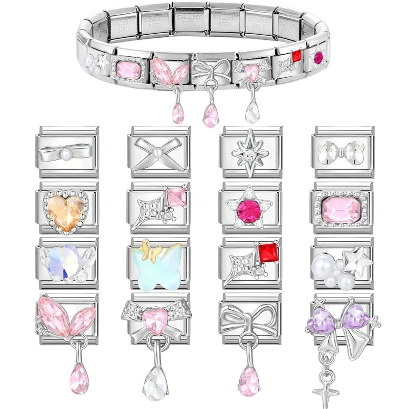 Y2K Romantic Heart Eyes Star Bow Knot Butterfly Zircon Charm Italian Links Fit 9mm Bracelet Stainless Steel Making DIY Jewelry