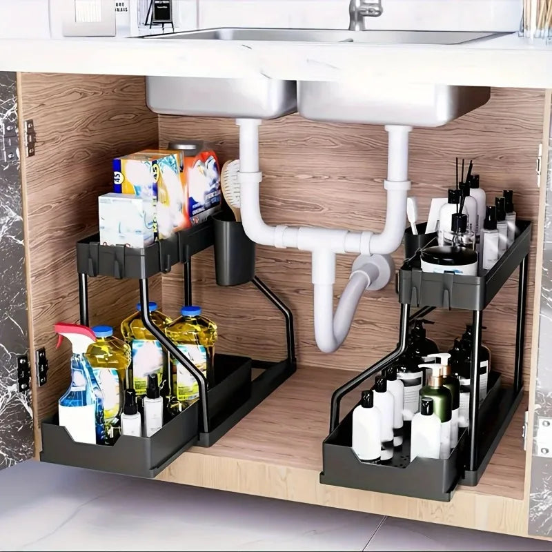 2-Tier Pull Out Under Sink Organizer Sliding Drawer Shelf Storage Rack with Hooks Cup for Kitchen Bathroom Counter Cabinet