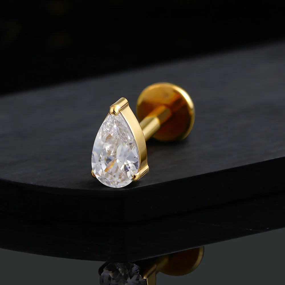 Right Grand ASTM F136 Titanium Teardrop CZ Cartilage Earring 16G Dainty Pear Forward Helix Stud Flatback Labret Piercing Jewelry