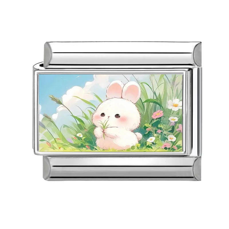 Easter Colorful Rabbits Series Beautiful Flowers Italian Link Fit 9mm Stainless Steel Bracelet Jewelry Making DIY Gift Wholesale