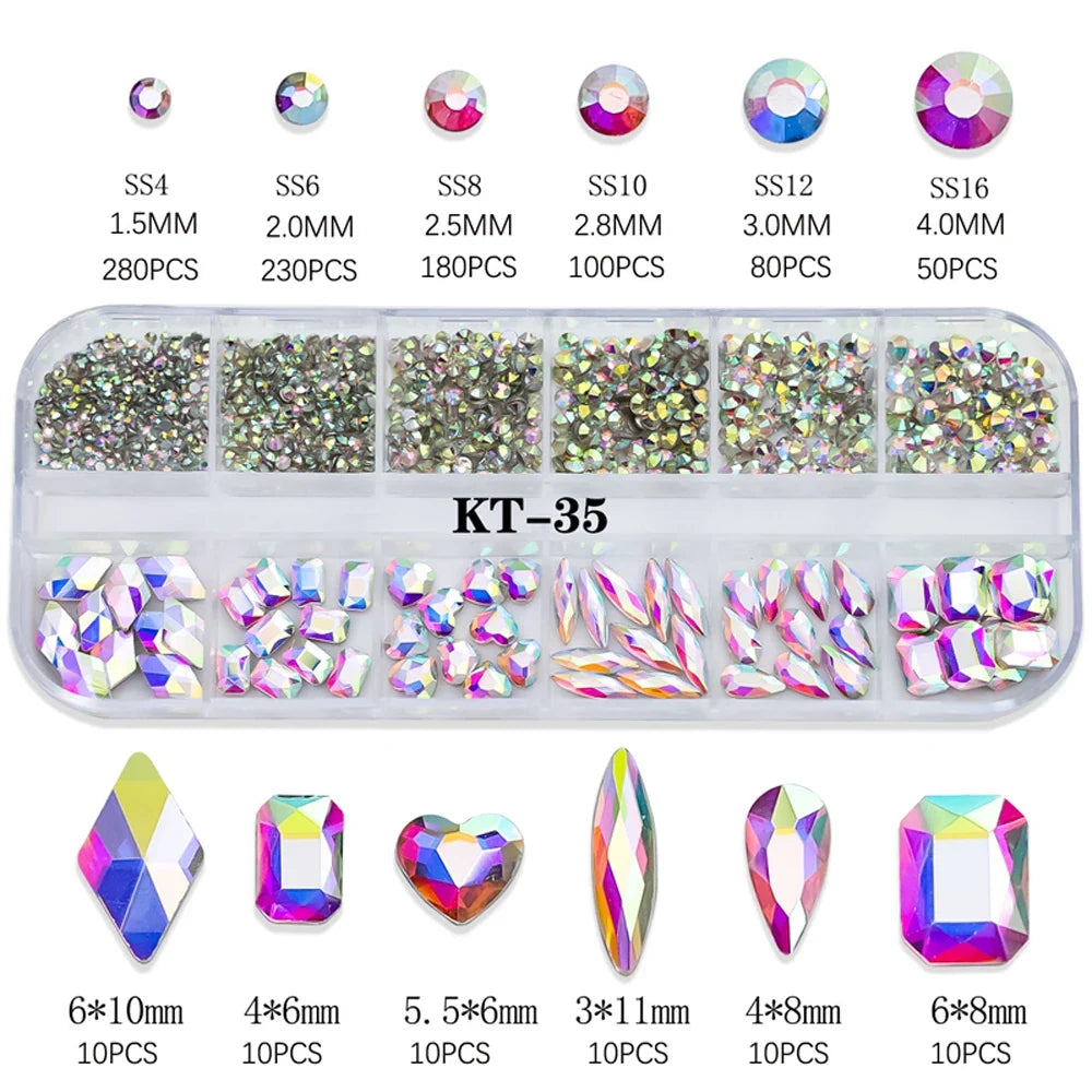 1000pcs+ Lake Blue Nail Rhinestones 12 Grids Mixed Shaped Non Hot Fix Flatback Crystal Nail Decoration DIY Luxury Nail Supplies