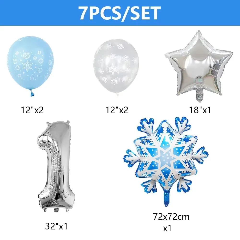 7Pcs Number Snowflake Balloon Set Winter Snow Themed Foil Balloons Birthday Party Decorations