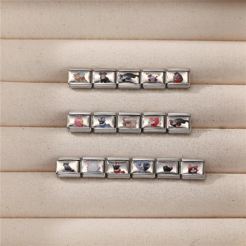 New Cute Blue Heart Cow Mushroom Fly Cat Animals Italian Link Fit 9mm Stainless Steel Bracelet Making DIY Colorful Charm Jewelry