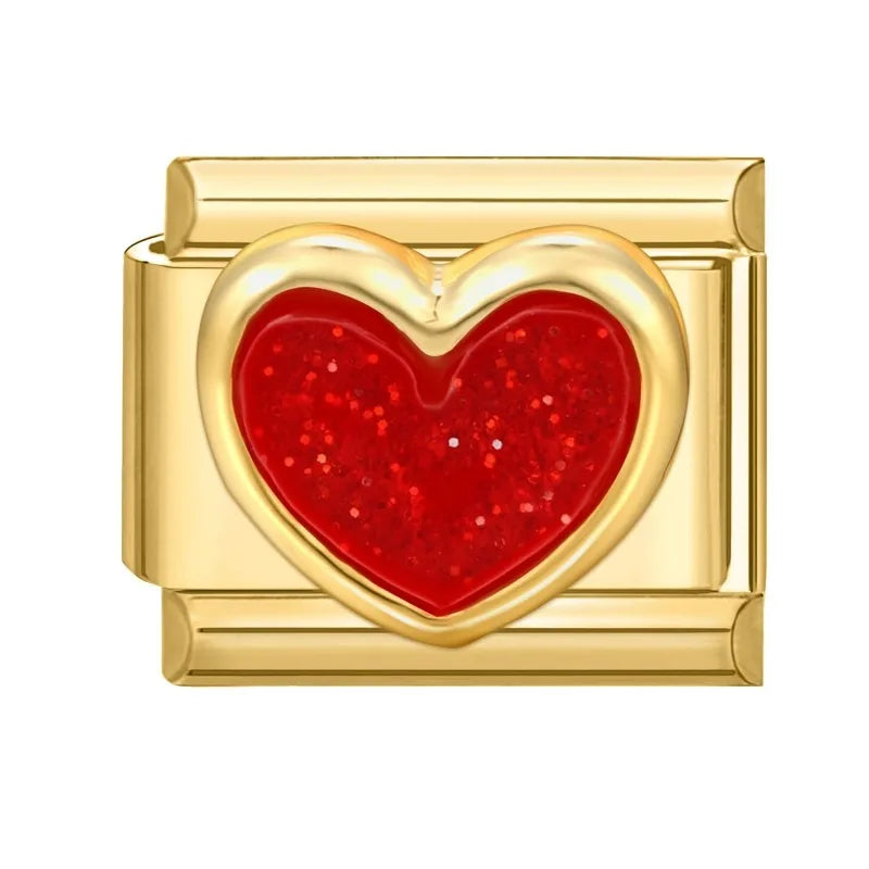Fashion Dreamy Luxury Gold Color Series Red Heart Bows Zircon  Italian Charms Fit 9mm Stainless Steel Women Bracelet DIY Jewelry