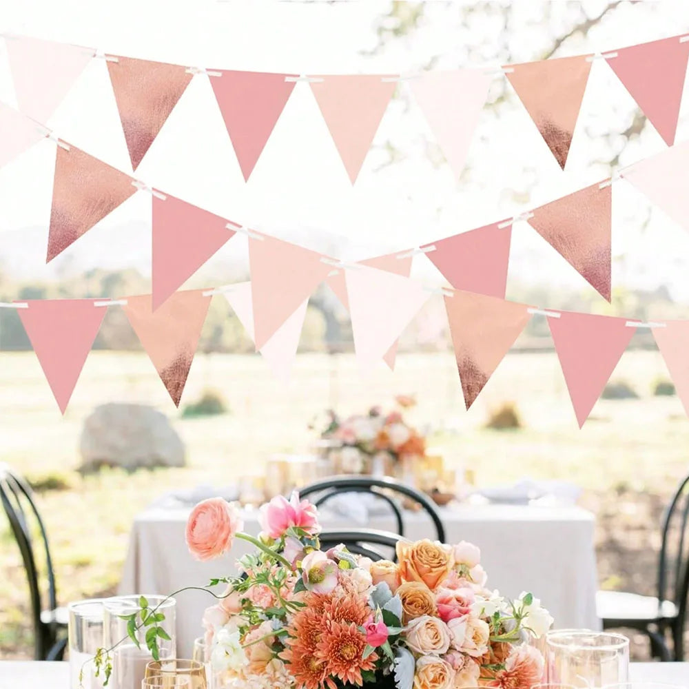 Rose Gold Triangle Paper Pennant Garland, Wedding, Birthday, Anniversary, Bridal Shower, Indoor & Outdoor Garden Party Decor