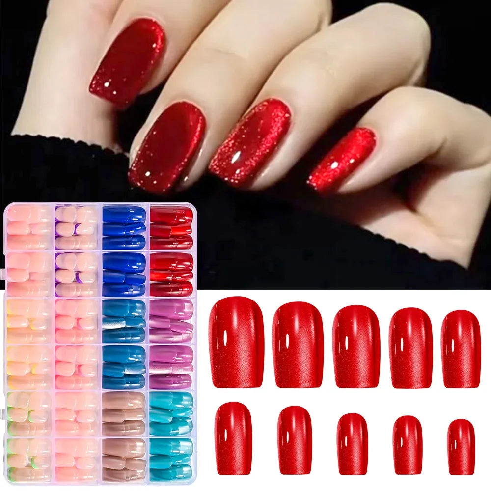 288pcs Red Blue Cat Eye Medium Coffin Press On Nails Colorful French Short Round Square False Nails Glossy Glitter Fake Nail Tip