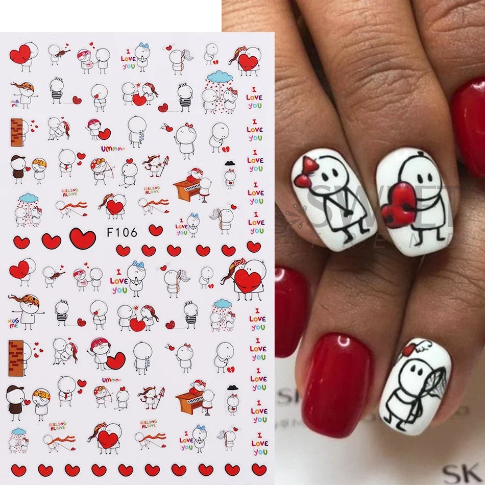 4pcs Valentine's Day Nails Stickers Cute Cartoon Love Heart Line Sliders for Nail DIY Design Self Adhesive Decals Manicure Decor