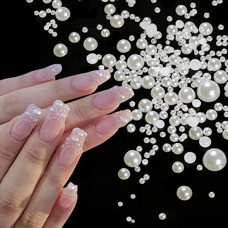White Pearls Nail Beads DIY Manicure 3D Nail Art Decoration Rhinestone Half Round Mixed Size Beige Flatback Nail Material Supply