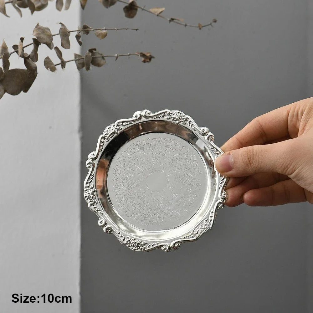 Retro Luxury Silver Trays Plates Cake Dessert Tray High Tea Snack Fruit Dish Jewelry Storage Tabletop Decor Home Hotel Supplies