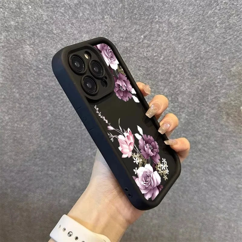 Purple Flower Pattern Phone Case For iPhone 17 16 15 14 13 12 11 Pro Plus Max XR 17 Air 16E Shockproof Soft Silicone Back Cover