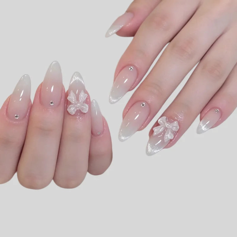 24pcs Fake Nails Crystal-Clear Smile Cat-Eye Rhinestone and Bow Designs High-Quality Press-On Nails Perfect as Gifts for Girls