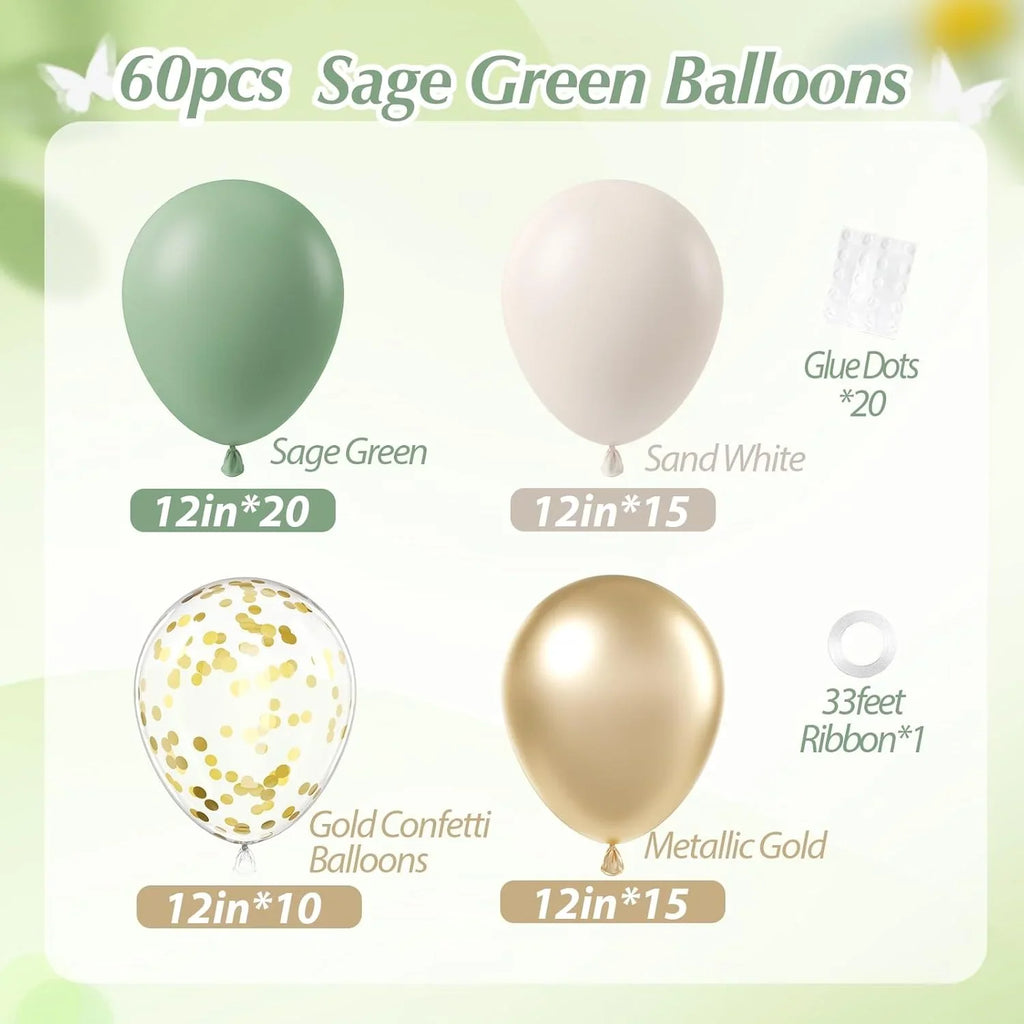 60Pcs Sage Green Sand White Metallic Gold Confetti Balloons for Boho Birthday Wedding Bridal Baby Shower Engagement Party Decor
