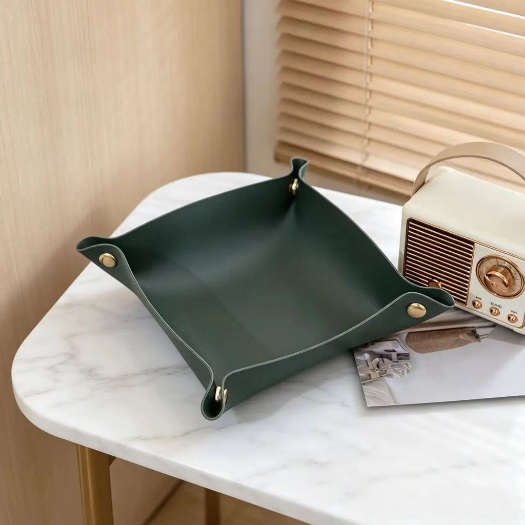 PU Valet Tray Foldable Storage Tray Makeup Keys Coins Snacks Desktop Nightstand Organizer Multi-purpose Leather Tray