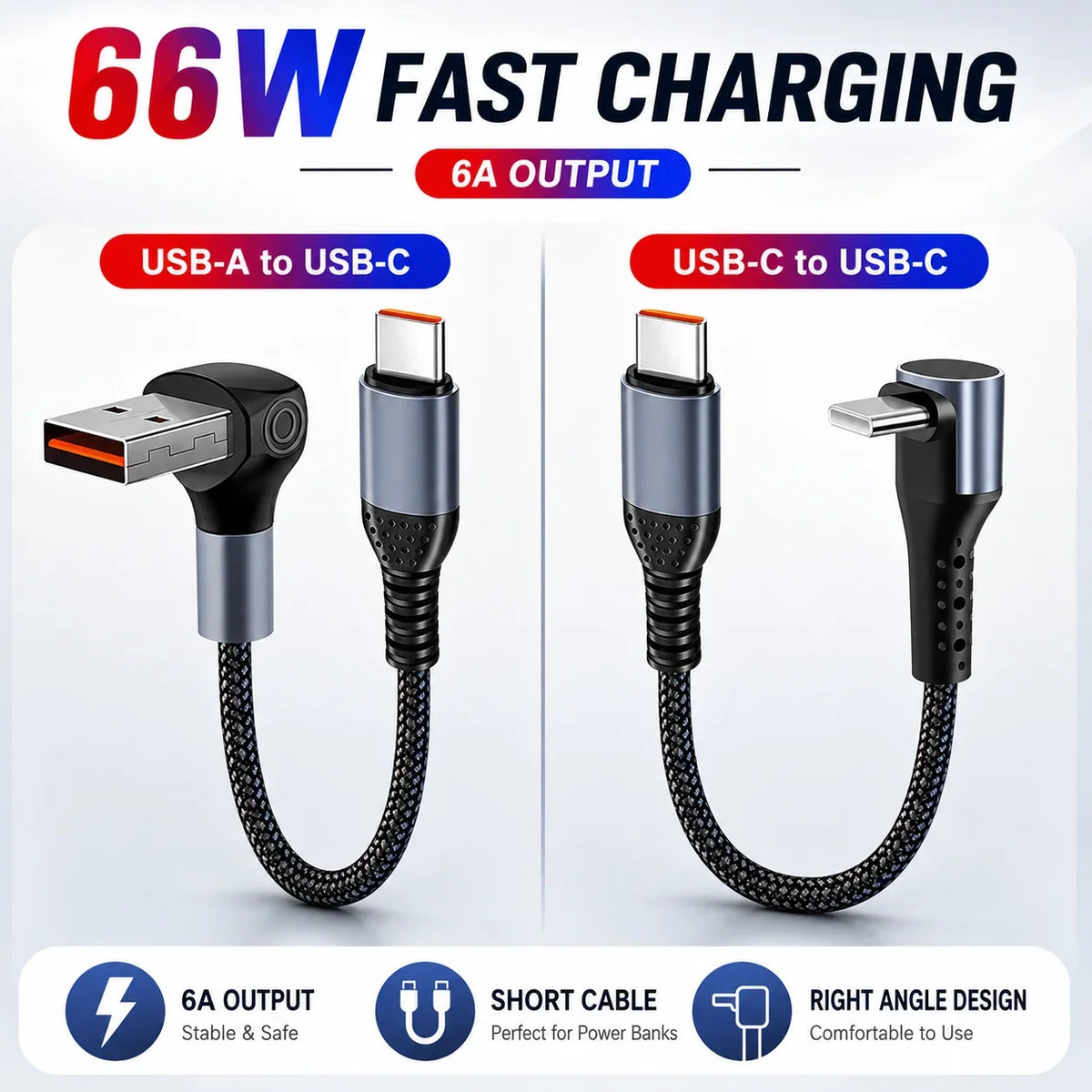 66W 6A Right Angle USB C Cable, Short USB C to USB C / USB A to USB C Braided Fast Charging Power Bank Cord 25CM 50CM for Travel