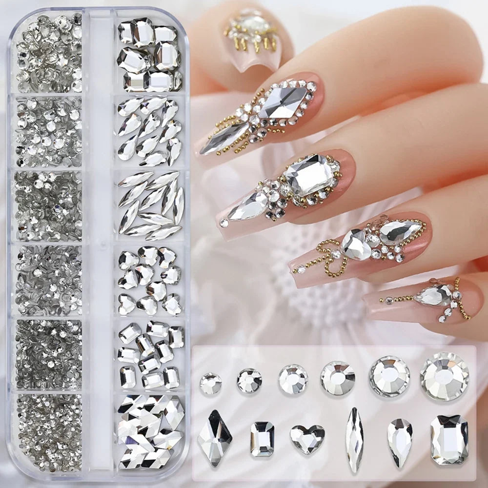 1000pcs+ Lake Blue Nail Rhinestones 12 Grids Mixed Shaped Non Hot Fix Flatback Crystal Nail Decoration DIY Luxury Nail Supplies