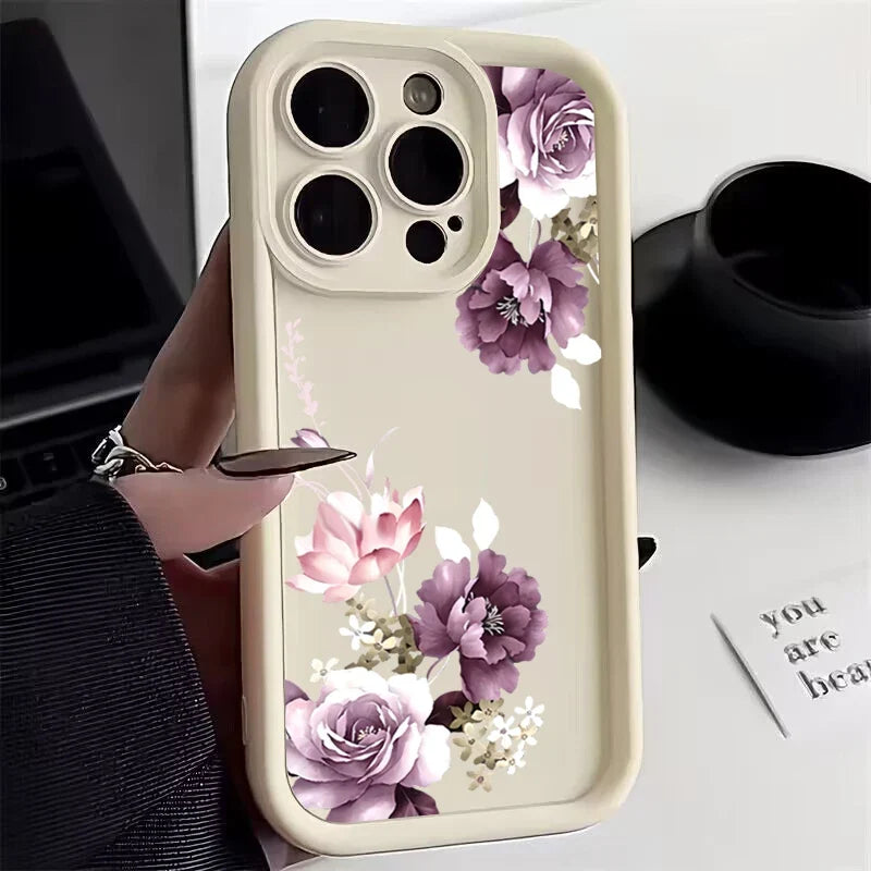 Purple Flower Pattern Phone Case For iPhone 17 16 15 14 13 12 11 Pro Plus Max XR 17 Air 16E Shockproof Soft Silicone Back Cover