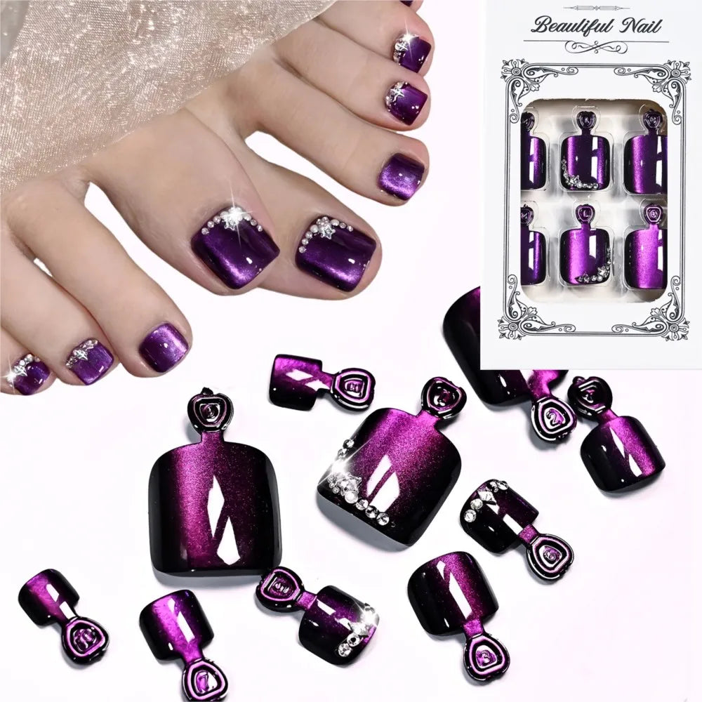 24pcs Glossy Purple Cat Eye Short Square Press On Toenails Shiny Diamond French False Toe Nails Full Cover Acrylic Toenails DR4@