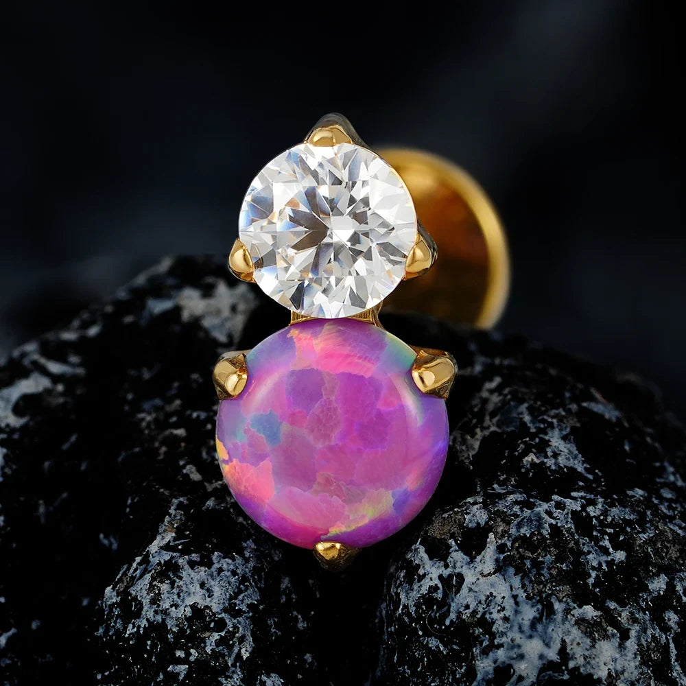 Right Grand ASTM F136 Titanium Opal and CZ Lip Stud Helix Earring 16G Internally Threaded Tragus Cartilage Conch Labret Piercing