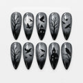 30pcs Halloween Press On Nails Gothic Skeleton Skull Spider Web Black Cat Haunted House Fake Nail Almond False Nail for Women