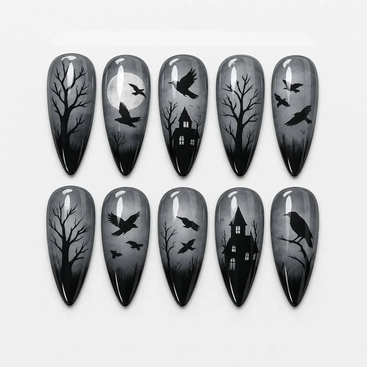 30pcs Halloween Press On Nails Gothic Skeleton Skull Spider Web Black Cat Haunted House Fake Nail Almond False Nail for Women
