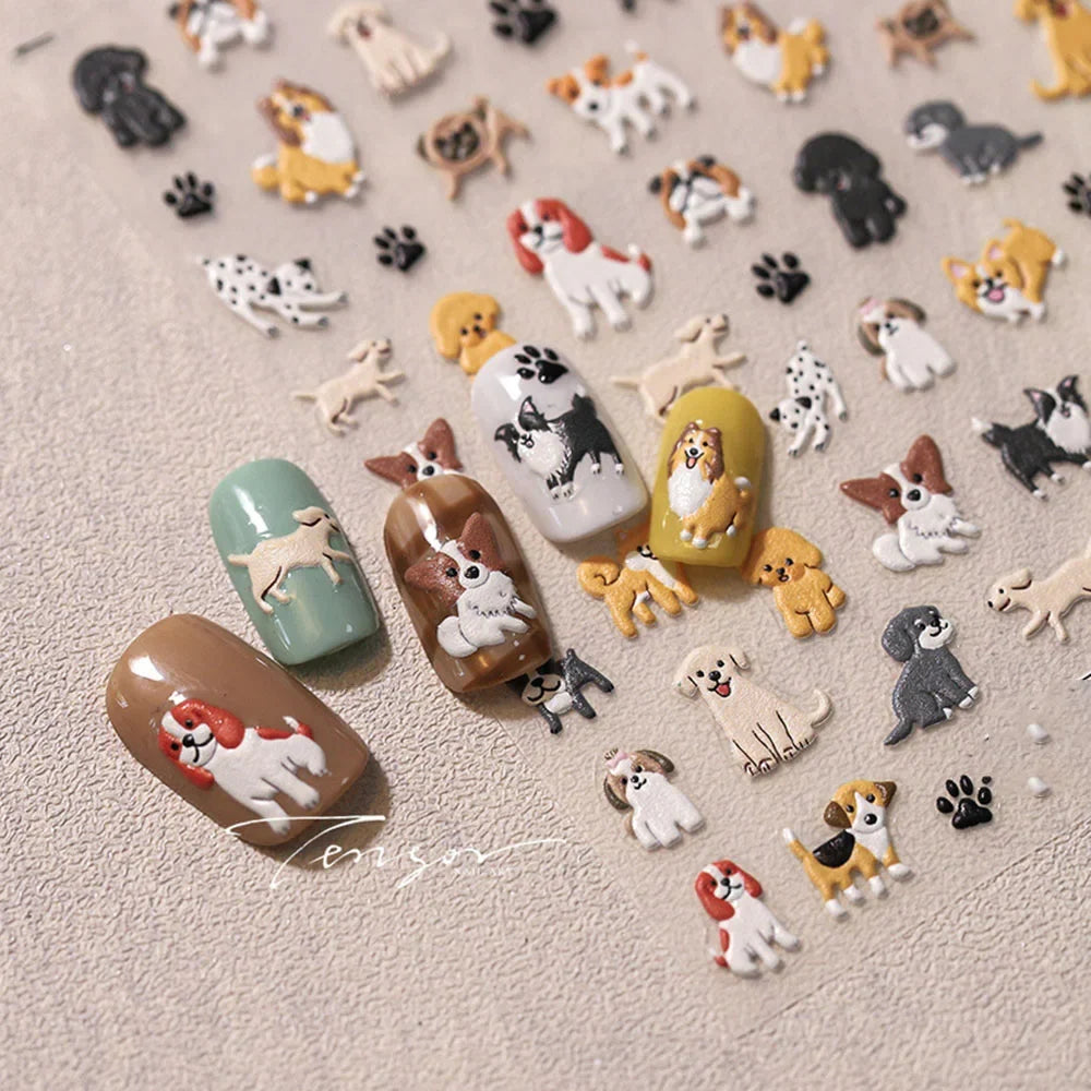 5D Cute Cartoon Dog Nail Art Stickers Decals Self-adhesive Slider 5D Embossed Nail Sticke Lovely Dog Manicure Design Supplies