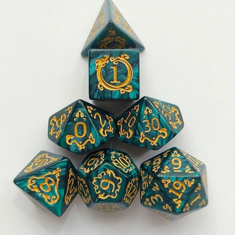 New Pattern Multi sided Dice Digital Dice Running Team Board Game AccessoriesMulti sided Sieve Game Dragon Pattern 7Dices: Blue