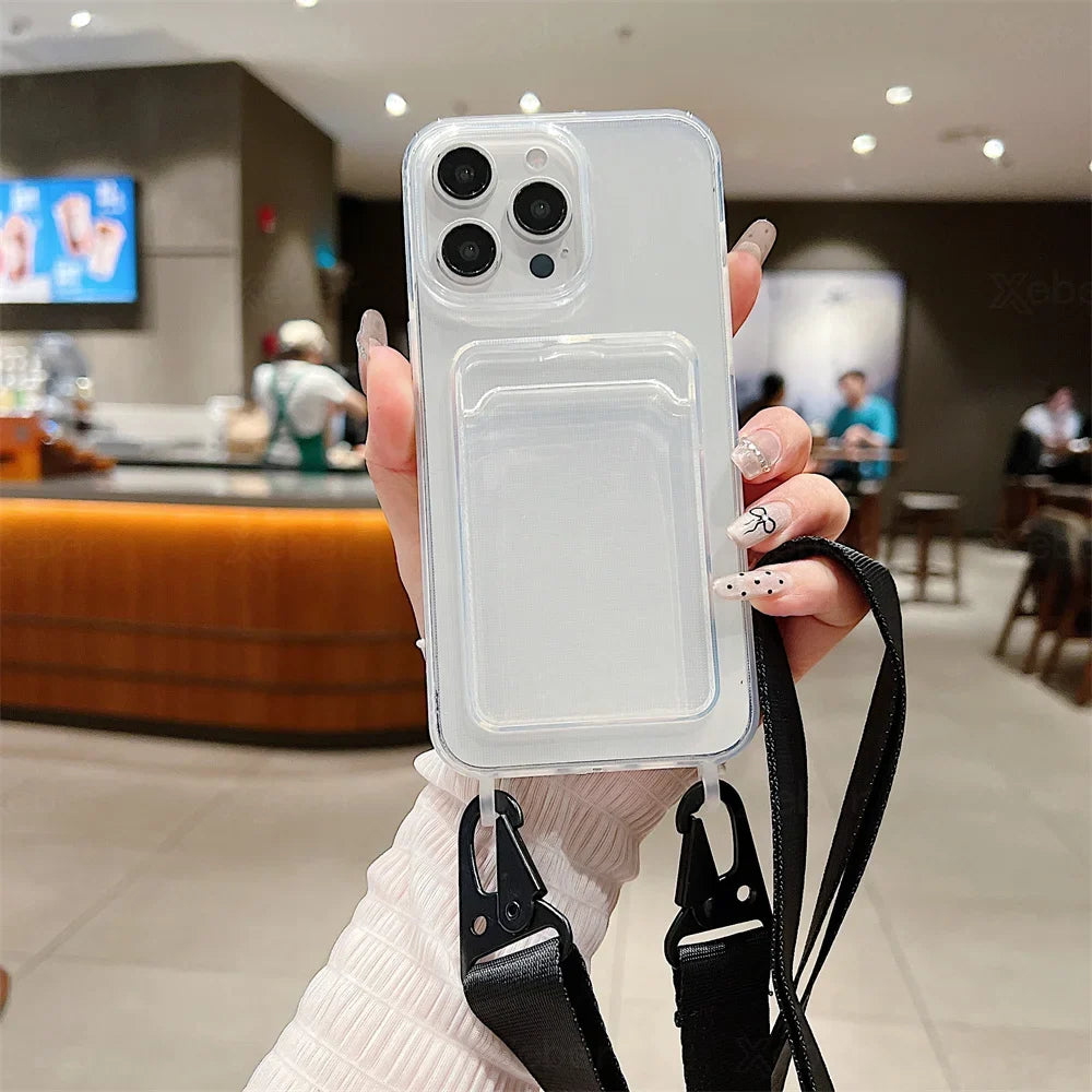 Crossbody Necklace Wide Lanyard Clear Card Holder Wallet Phone Case For iPhone 17 16 14 13 15 Pro Max 12 11 Soft Silicone Cover