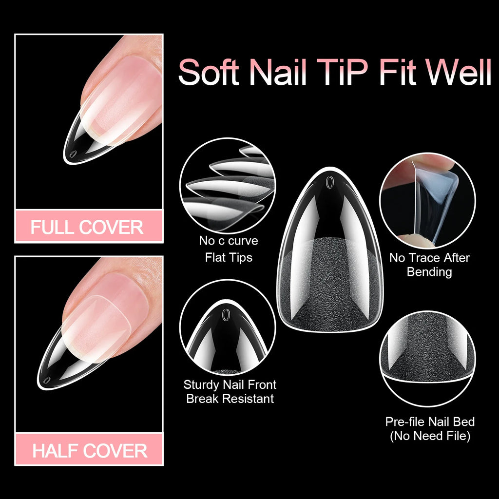 360Pcs/1box Nail Tips with Short Almond and Short Square Soft Gel Nail Tips Full Cover False Nail Tips for Acrylic Nails Salon