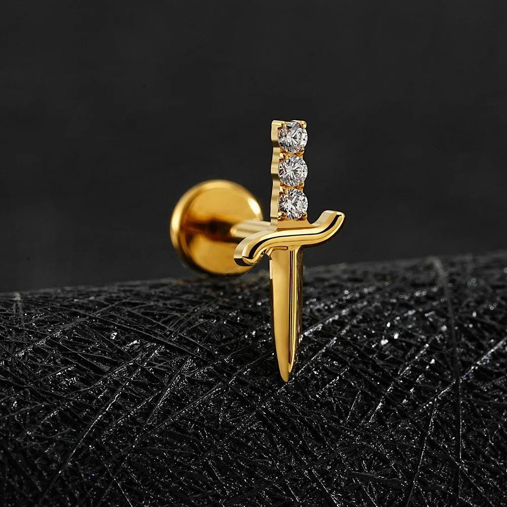 Right Grand ASTM F136 Titanium Cubic Zirconia Sword Flat Back Stud Earring 16G Tiny Poniard Helix Tragus Cartilage Lip Piercing
