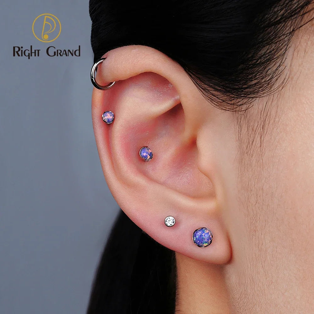 Right Grand ASTM F136 Titanium 3/4/5mm Opal Flat Back Earring 16G Dainty Tragus Nose Cartilage Medusa Stud Lip Piercing Jewelry