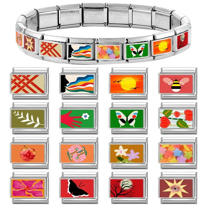 New Y2K Colorful Star Oil painting Eyes Bee Birds Italian Charm Link fit 9mm Stainless Steel Jewelry DIY Making Bracelets Gifts