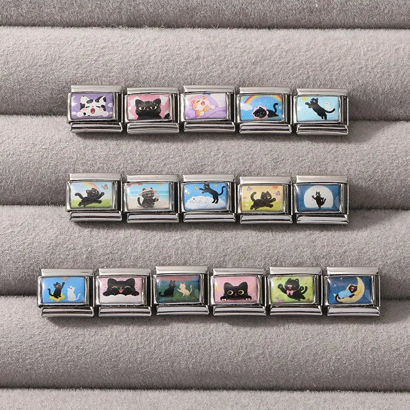 2026 Wholesale Rainbow Cloud Cat Stars Moon Cat Charm Bracelet Fit 9mm Bracelet Stainless Steel Italian Links Making DIY Jewelry