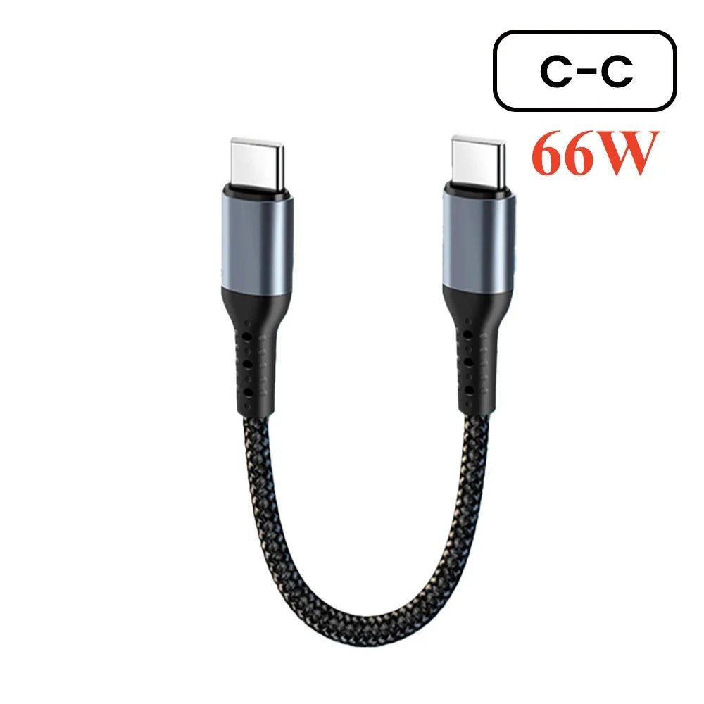66W 6A Right Angle USB C Cable, Short USB C to USB C / USB A to USB C Braided Fast Charging Power Bank Cord 25CM 50CM for Travel