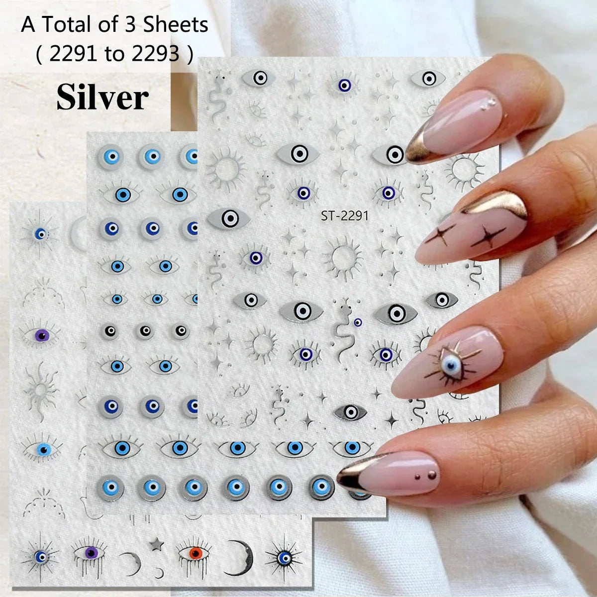 3/6/12 Sheets Gold Silver Evil Eye Nail Art Stickers Moon Star Sun Protection Nail Decals for Women DIY Boho Nail Design