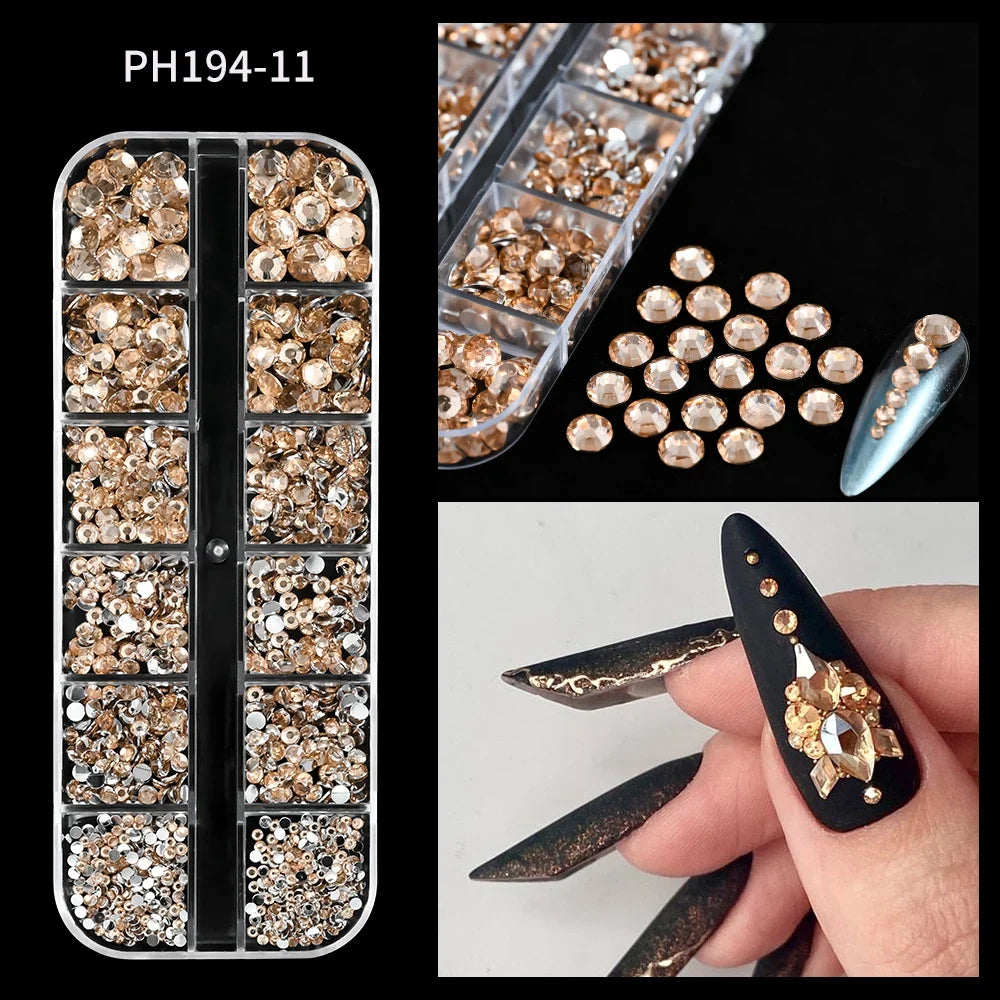 12Grids Ocean Gold Nail Art Charms Shell/Seahorse/Starfish White Half Round Pearl Gems 3D Mixed Punk Manicure Metal Rivets Studs