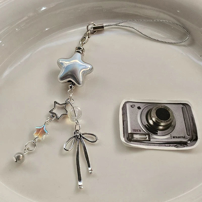 1pcs Cellphone Lanyard Keychain For Phone Style Metal Silver Star Bow Pendant Phone Charm Strap Sweet Cool Girl Pendant