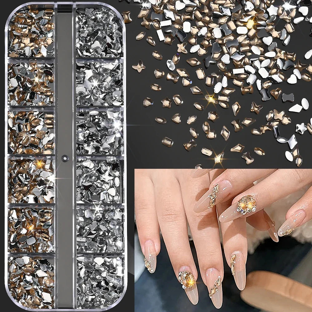 12Grids Ocean Gold Nail Art Charms Shell/Seahorse/Starfish White Half Round Pearl Gems 3D Mixed Punk Manicure Metal Rivets Studs