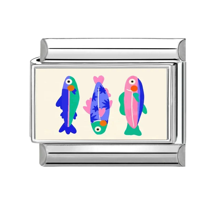 Wholesale Cute Funny Cats Catch Fish Dried Fish Charm Bracelet Fit 9mm Bracelet Stainless Steel Italian Links Making DIY Jewelry
