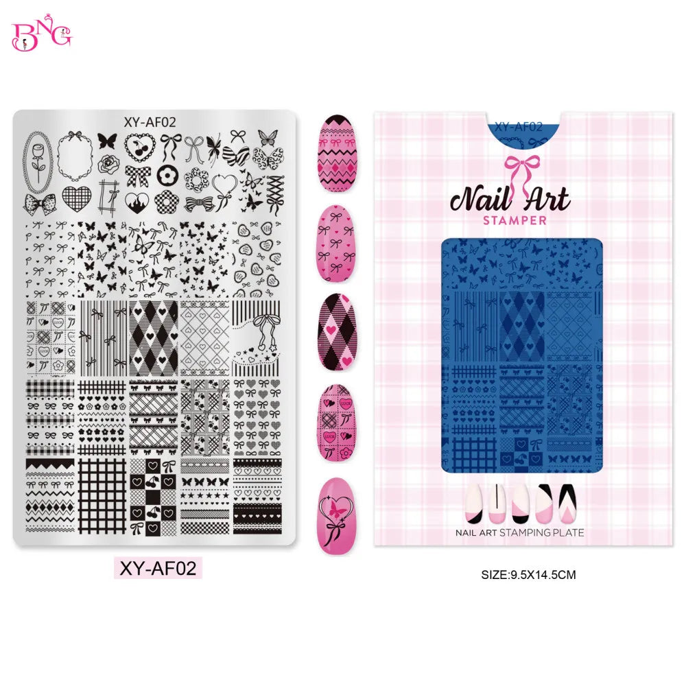 BNG Plaid Nail Stamping Plate Love  Animals Star Nail Printing Stencil Templates Nail Art Stamper Manicure Tools