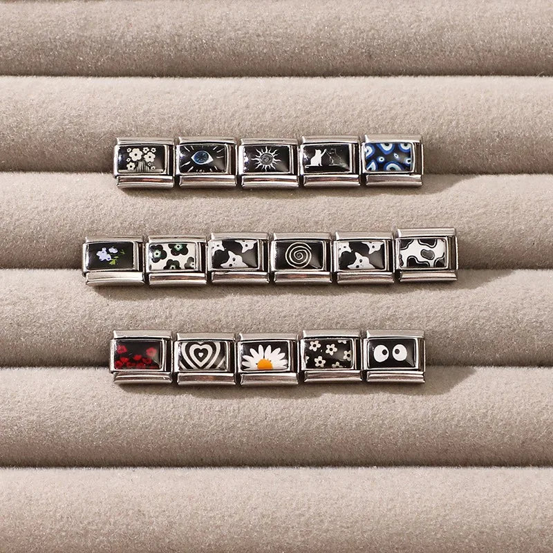 Y2K Red Flowers Moon Black Heart Eyes Star Sun Cat Italian Charm Fit 9mm Stainless Steel Women Fashion Bracelet DIY Jewelry Gift