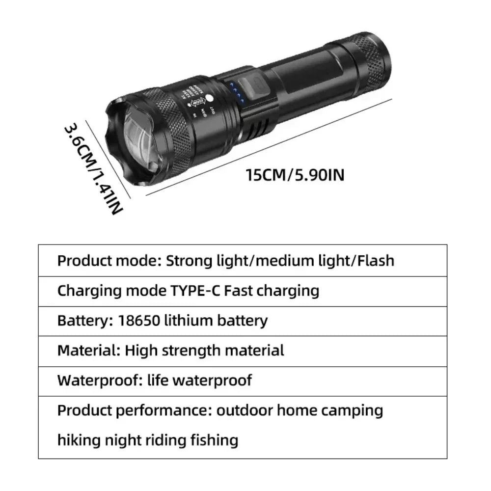 Super Bright LED Flashlight USB Rechargeable Torch Zoomable Waterproof Torch Outdoor Portable Emergency Light for Camping Hiking