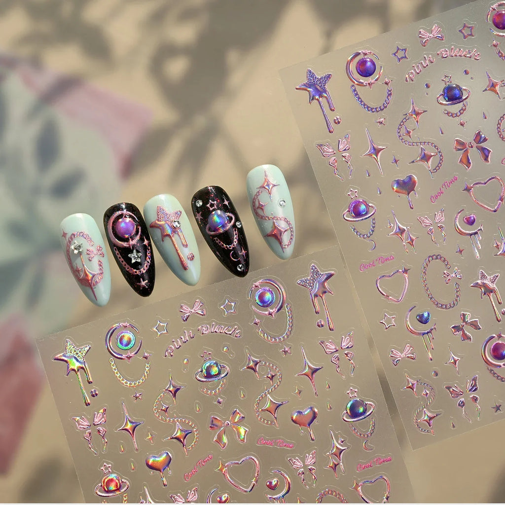Y2K Trend 5D Nail Art Stickers Holographic Star Moon Heart Planet Chain Embossed Self Adhesive Nail Decals Decor for Women Girls