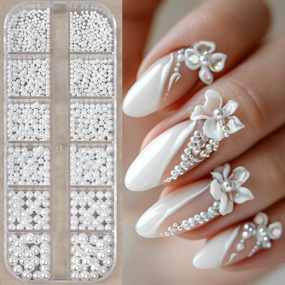 12Grids Ocean Gold Nail Art Charms Shell/Seahorse/Starfish White Half Round Pearl Gems 3D Mixed Punk Manicure Metal Rivets Studs