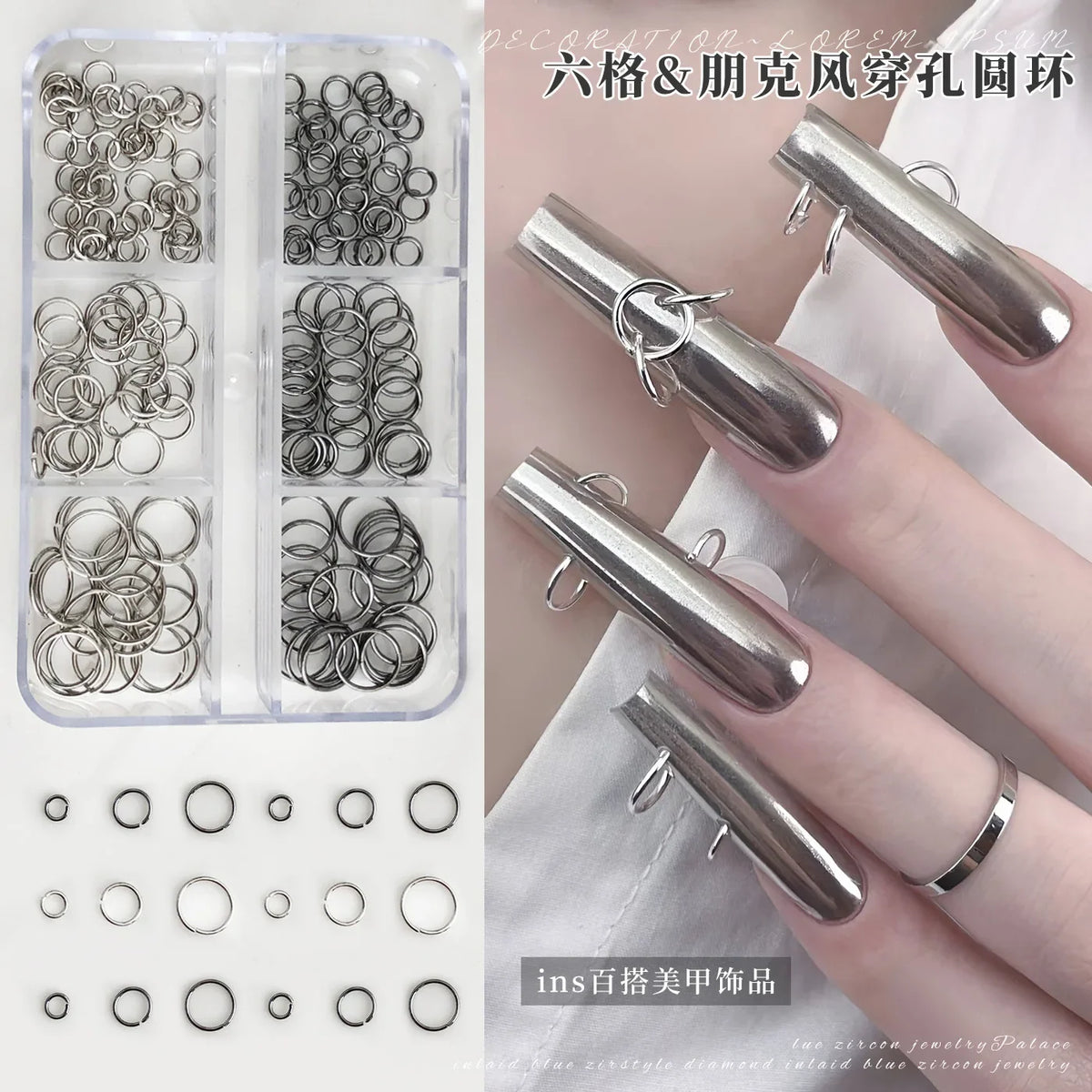 6 Grids Mix Punk Piercing Perforable Round Circle Ring White K Gun Black Alloy Nail Rhinestones Decorations Manicure Charms