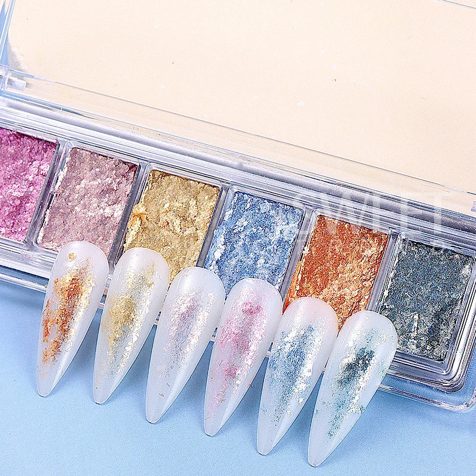 6 Grids Bright Bling Mud Solid Nail Pigment Crystal Aurora Opal Rubbing Dust Chrome Nail Glitter Korean Japanese Manicure Decor