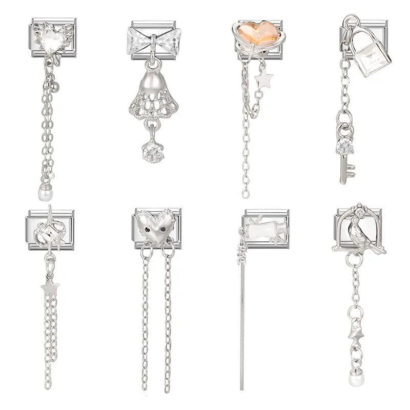 2026 Wholesale Love Heart Lock Bright Zircon Long Pendant Italian Charm Links Fit 9mm Stainless Steel Bracelet DIY Making Gifts