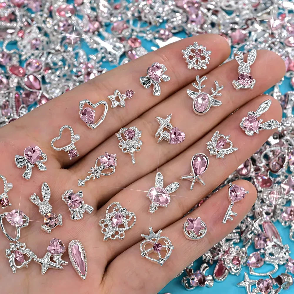 30pcs Mixed Set Golden Alloy Rabbit Nail Decoration Five-Pointed Star Heart Pink Diamond Nail Charms Metal Bow Nail Rhinestones