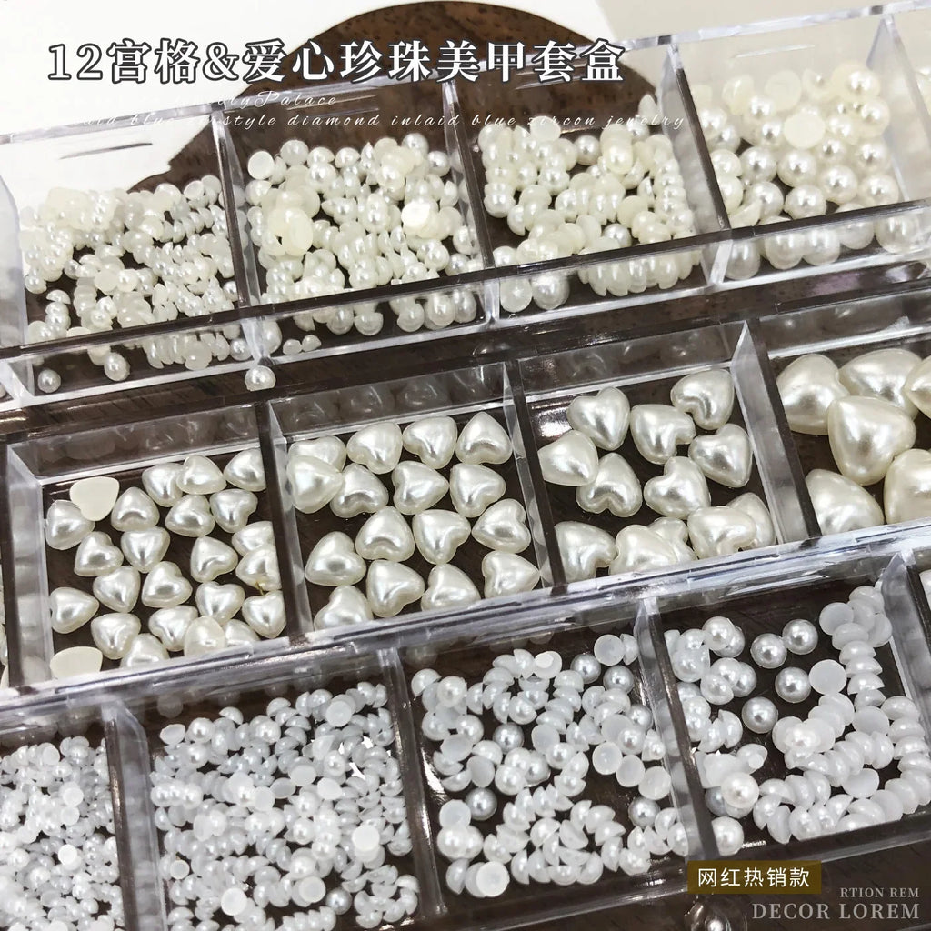 12 Grids Pearls White Nail Flatback Bright Elegant  Mix Sizes Nail Tips Beauty Nail Art Decoration For DIY Manicure Nail Charms