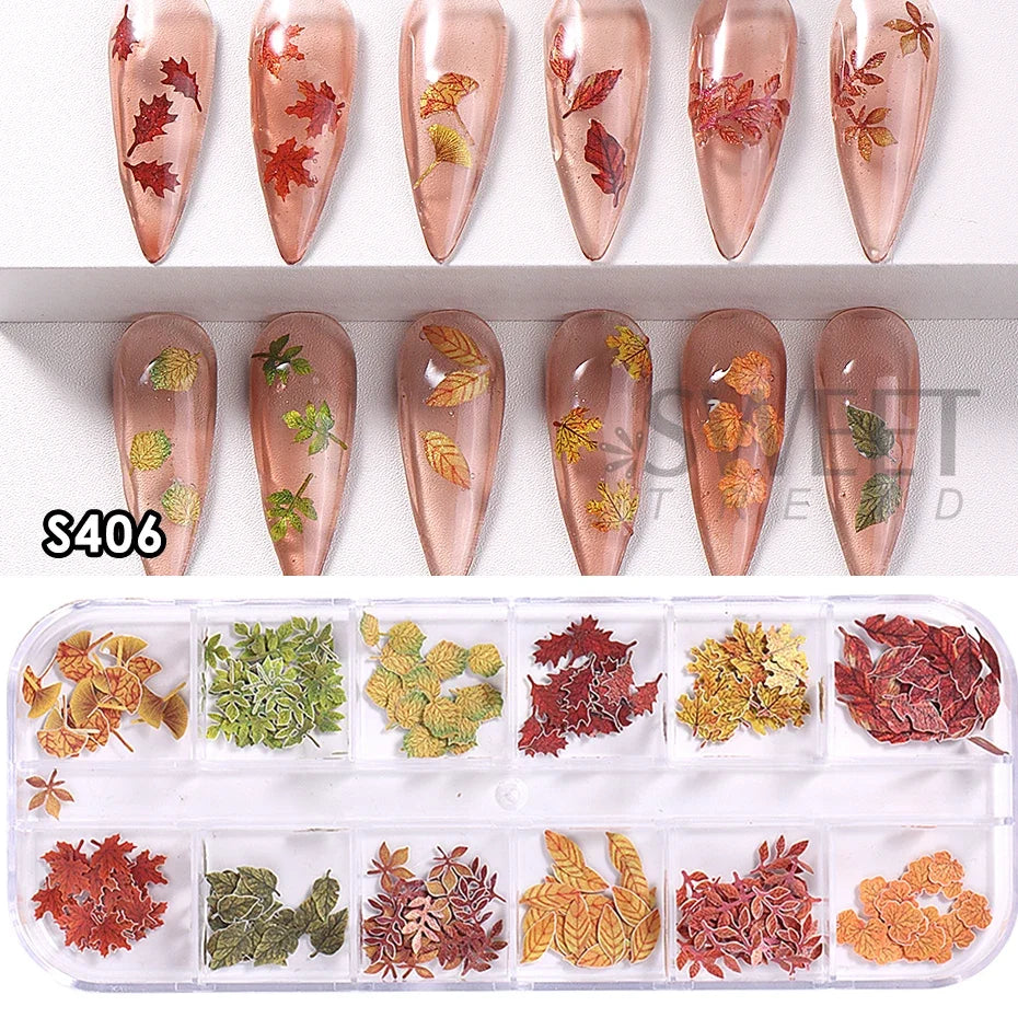 12 Grids Autumn Faux Maple Leaves Nail Sequins Set Simulated Fall Leaf Flakes Design Decor DIY Charm Manicure Accessories Slices